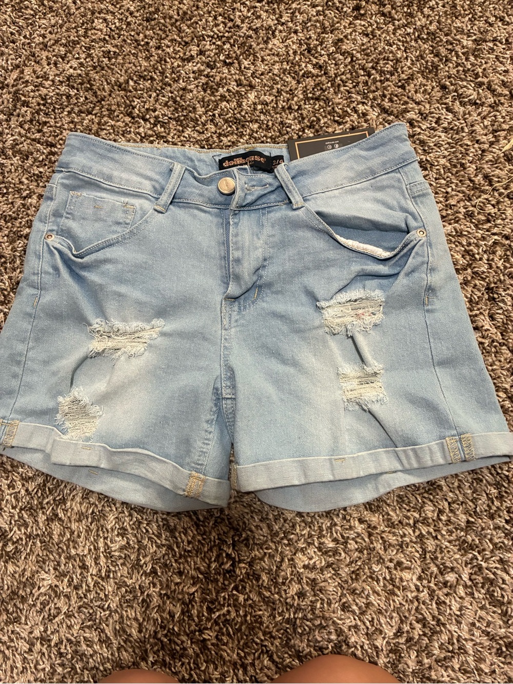 Dollhouse Light Blue Distressed Denim Roll-Up Shorts